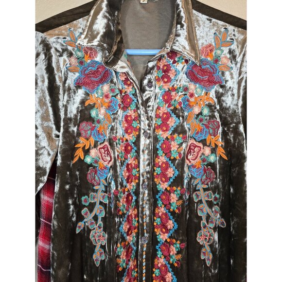 Andree By Unit Velvet Plaid Embroidered Button Shirt Dress Tunic Boho L - Picture 4 of 8